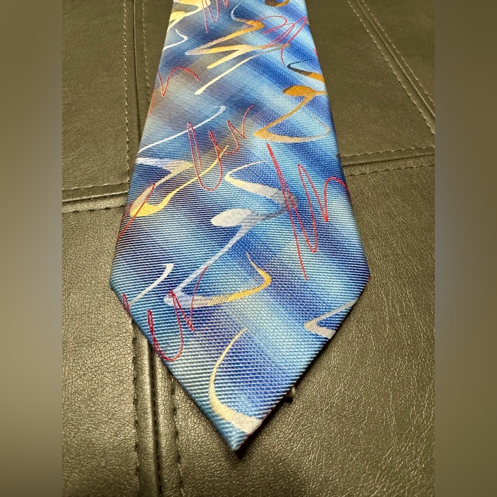 Studio Z Extra Long Blue Multicolor Patterned Men's Tie Imported Silk Hand Made
